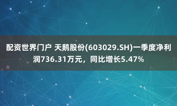 配资世界门户 天鹅股份(603029.SH)一季度净利润736.31万元，同比增长5.47%
